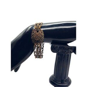 Vintage Brass Filigree Link Bracelet Floral Centerpiece Art Deco Revival